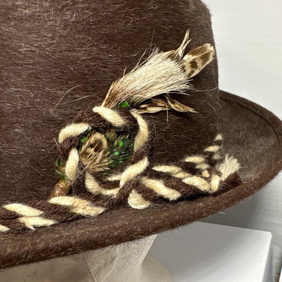Biltmore Cavalier Brown Fur Fedora Hat With Feather & Braided Band Size 7 - Picture 3 of 9